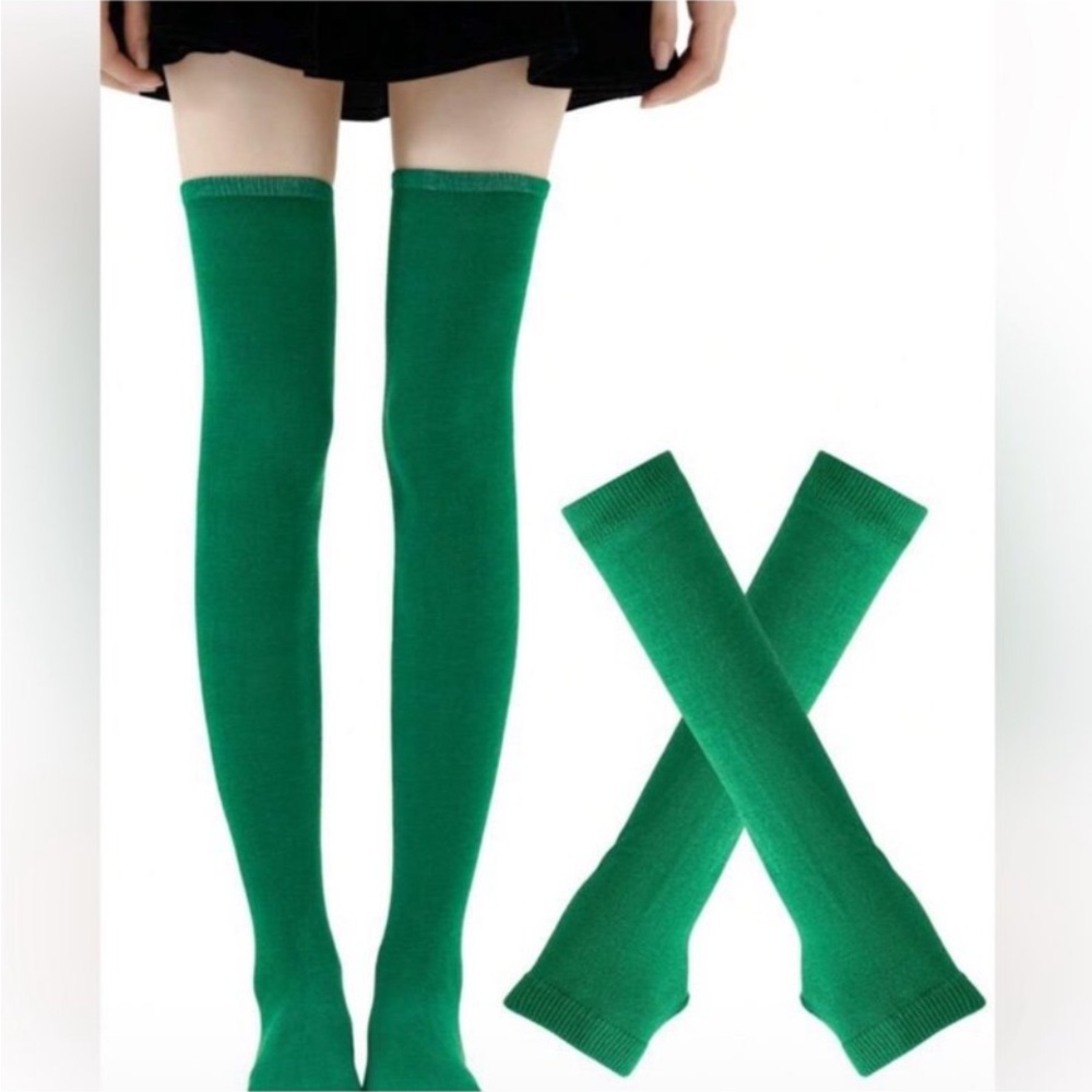 1 pair Solid Green 
Over The Knee Socks And 1-pair Gloves